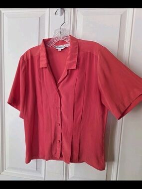 Vintage Coral Button-Front Short Sleeve Blouse